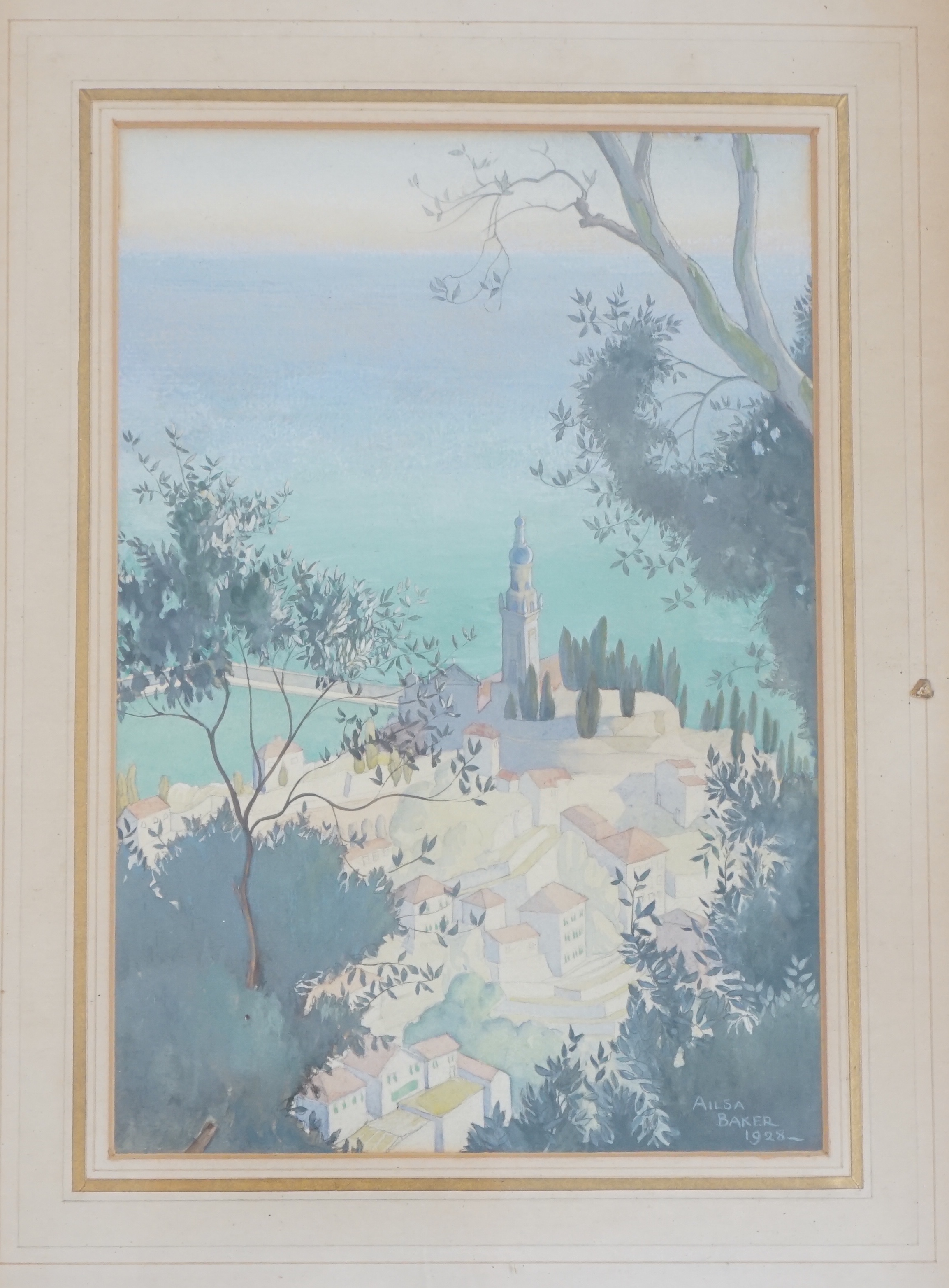 Ailsa Baker, gouache and watercolour, Mediterranean coastal town with church spire, signed and dated 1928, 26 x 18cm